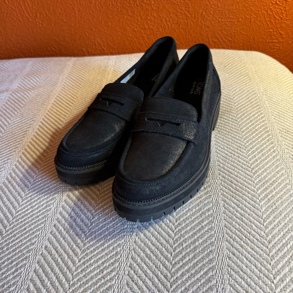 Toms Cara Loafers Black Metallic Leather Size 11 EUC - Picture 2 of 8